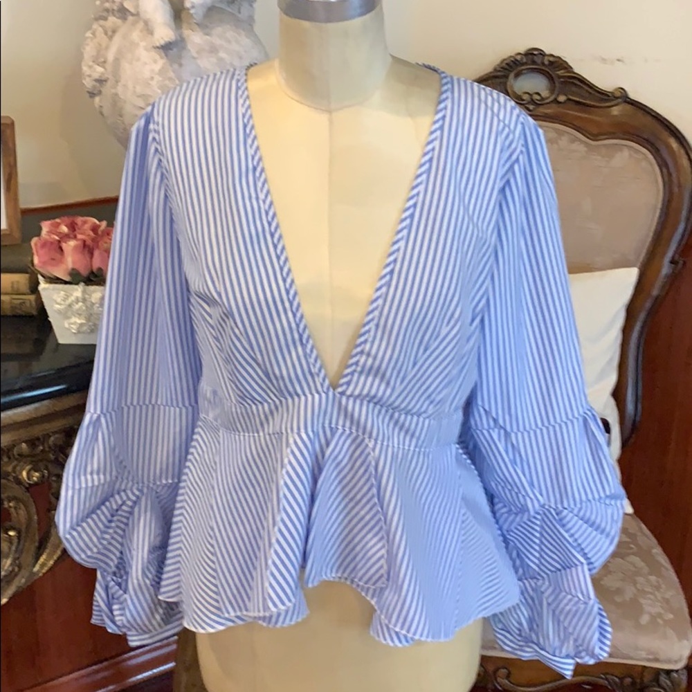Blue White Stripe Deep V Puff Sleeve Peplum Top XL
